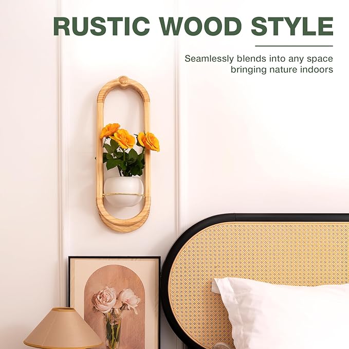 Wooden Wall Planters for Indoor with Ceramic Pot - Modern Hanging Plant stand Shelf for Indoor Plants, Wall Mounted Plant Holder for Living Room, Bedroom, Wall Decor - Raw Wood Color (Set of 2)