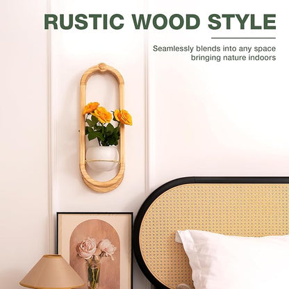Wooden Wall Planters for Indoor with Ceramic Pot - Modern Hanging Plant stand Shelf for Indoor Plants, Wall Mounted Plant Holder for Living Room, Bedroom, Wall Decor - Raw Wood Color (Set of 2)