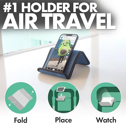 Folden Airplane Phone Holder, Flexible Cell Phone Holder, Folding Cellphone Stand for Desk, Bed, Office, Treadmill - Airplane Gadgets for Long Travel Accessories - Plane Essentials (Blue Denim)