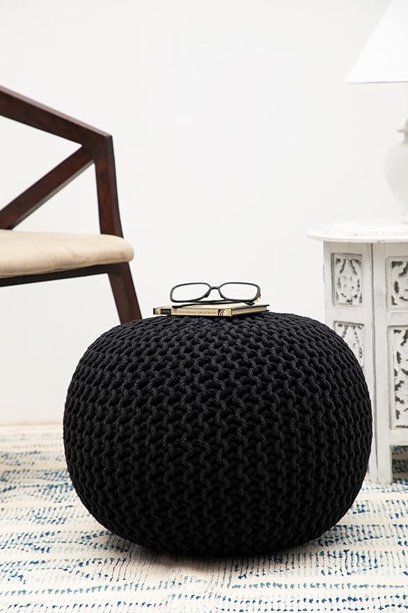 COTTON CRAFT Round Pouf - Hand Knitted Cotton Braid Cord Cable Dori Floor Pouf - Foot Stool Ottoman Footrest Accent Seat Furniture Bean Bag - Living Room Kids Room Nursery Dorm Décor - 20x14 - Black