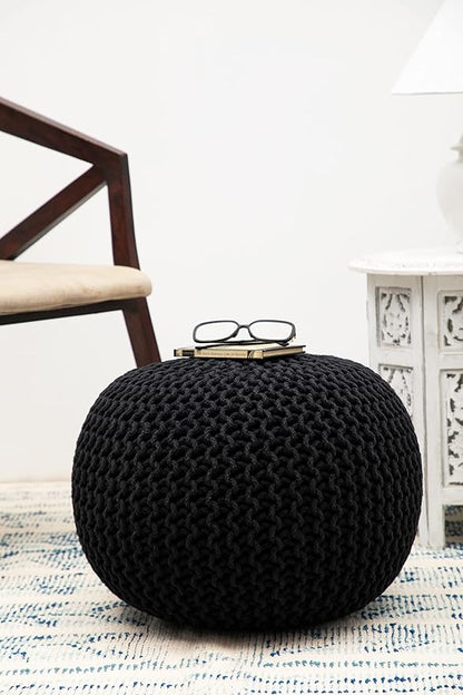 COTTON CRAFT Round Pouf - Hand Knitted Cotton Braid Cord Cable Dori Floor Pouf - Foot Stool Ottoman Footrest Accent Seat Furniture Bean Bag - Living Room Kids Room Nursery Dorm Décor - 20x14 - Black