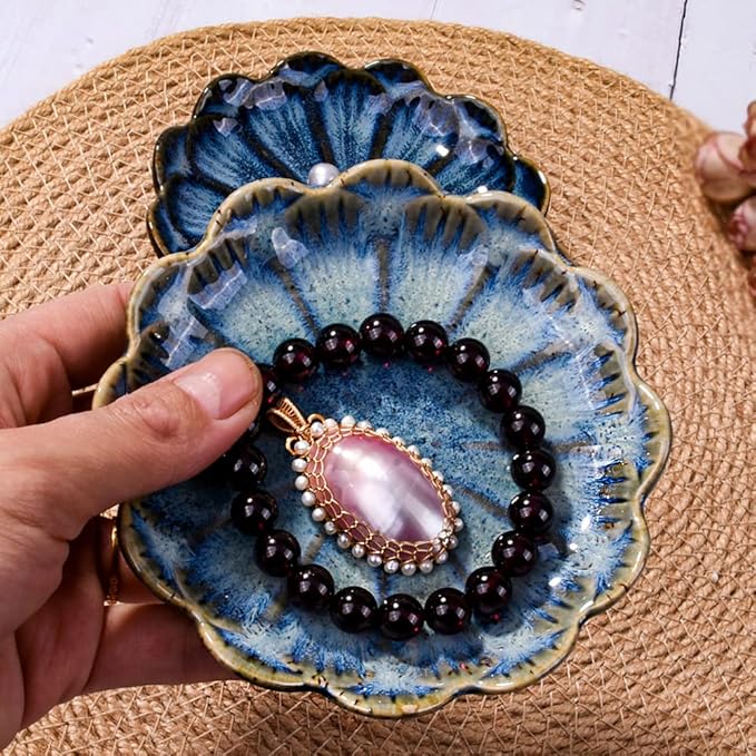 Ceramic Jewelry Dish Ring Plate Tray Vintage Lotus Shaped Jewelry Key Bowl Ring Holder for Jewelry Wedding Engagement Gift Set of 2(Blue and Green)