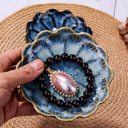 Ceramic Jewelry Dish Ring Plate Tray Vintage Lotus Shaped Jewelry Key Bowl Ring Holder for Jewelry Wedding Engagement Gift Set of 2(Blue and Green)