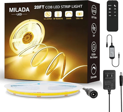COB LED Strip Light 3000K 20FT/6M Warm White LED Strip Dimmable High Lumen Strip with RF Remote 24V UL Certified Adapter Suitable Adhesive Indoor COB LED Strip for Bedroom Living Room, Shelf, Cabinet