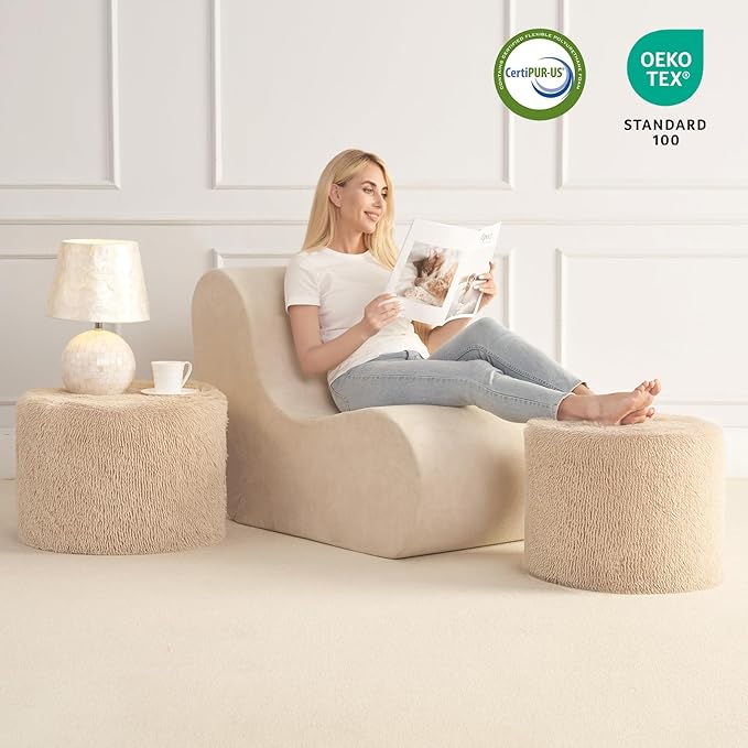 Hansleep Pouf Ottoman Foam Filled 20 x 15, Faux Fur Round Ottoman Foot Rest for Chair with Washable Cover, Foot Stools Under Desk for Living Room & Bedroom, Brown