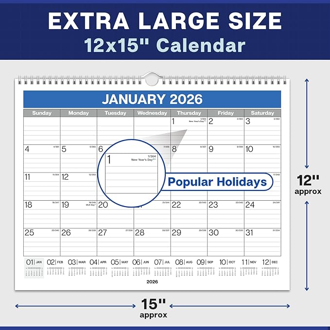 Dunwell 2026 Wall Calendar 12x15 (Blue), Large Lined Monthly Calendar, Jan – Dec 2026, 12 x 15 Size, Professional Style for Home, Office, School or Organization
