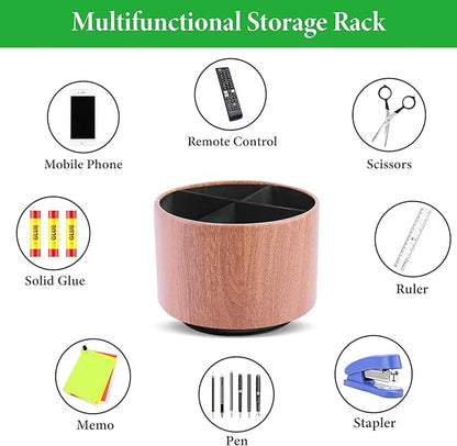 Round Leather Art Supply Organizer,Remote Control Holder,360 Degree Spinning,Multi-Functional Pencil Holder,4 Compartments Desktop Stationary Organizer(1-Thin Wood Ligh Brown)