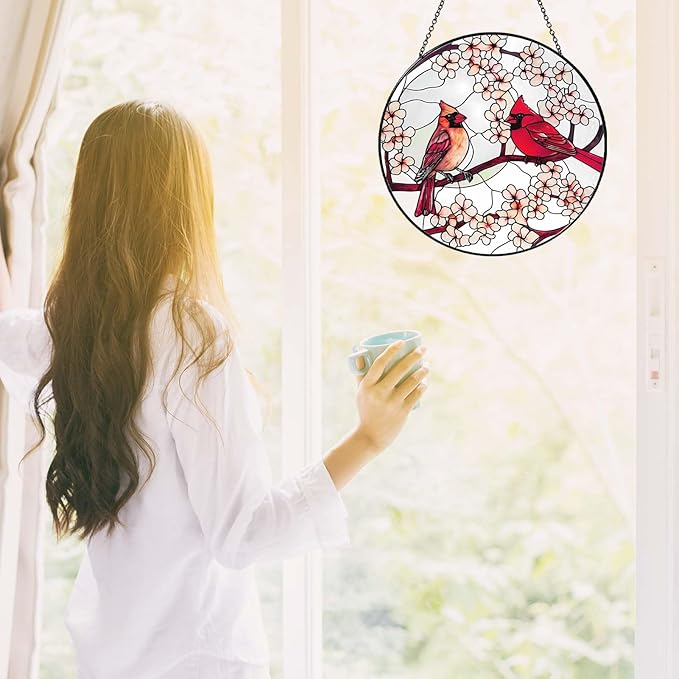 Cardinal Sun Catcher Stained Glass Window Hanging Cardinal Decor Gifts for Women Handmade Sun Catcher Decoration for Garden Home Housewarming Gift Valentine's Day Gifts（6 inch）