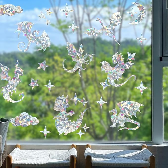31 Pieces Fly Dragon Sun Catcher Window Clings for Glass Windows, Anti-Collision Stickers Star Moon Decals Prevent Bird Strikes, Rainbow Prismatic Clings Non Adhesive Window Deco