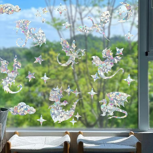 31 Pieces Fly Dragon Sun Catcher Window Clings for Glass Windows, Anti-Collision Stickers Star Moon Decals Prevent Bird Strikes, Rainbow Prismatic Clings Non Adhesive Window Deco