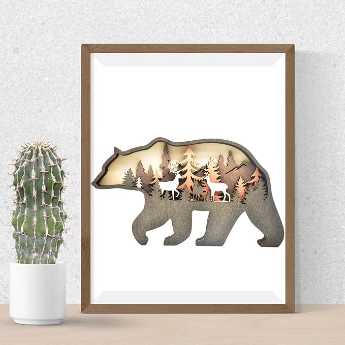 Wooden Bear Art Decor Brown Bear Figurine Rustic Home Shelf Desktop Creative Decorations Multi-Layer Silhouette Crafts