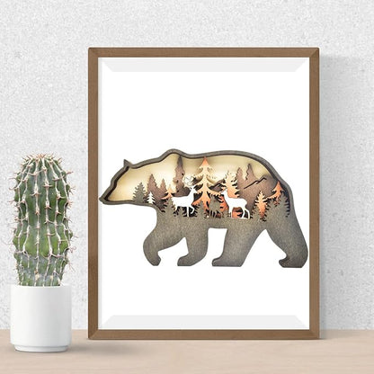 Wooden Bear Art Decor Brown Bear Figurine Rustic Home Shelf Desktop Creative Decorations Multi-Layer Silhouette Crafts