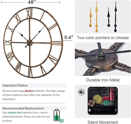 Large Wall Clock for Living Room Decor – 48 Inch Silent Non-Ticking Modern Farmhouse Wall Clock, Oversized Decorative Metal Roman Numeral Clock, Bronze