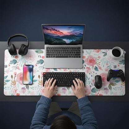 UJoowalk XL Extended Mousepad (35.3 x 15.7 Inch), Large Botanical Desk Mat, Pastel Pink Peony & Green Leaf Design, Waterproof Keyboard Surface, Aesthetic Work Accessories