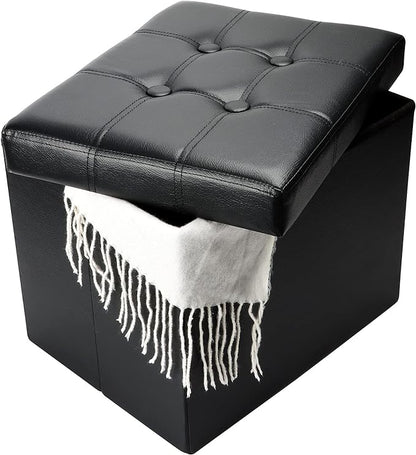 Storage Ottoman, Folding Foot Stool with Thicker Foam Padded Seat Small Leather Storage Ottoman Bench Foot Rest for Living Room Foldable Coffee Table 17x13x13in,Black