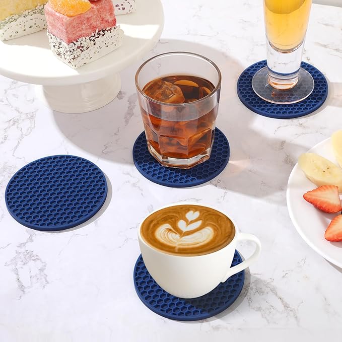 Coasters Set of 6 with Holder,Coasters for Drinks,Coffee Table Decor Coaster,Suitable for Kinds Cups,Anti-Slip,Non-Stick,Silicone Cup Coaster and Living Room Decor (6 Pcs, Navy Blue)
