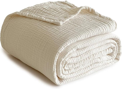 Simple&Opulence 100% Cotton Muslin Blanket Queen Size, Lightweight Breathable 4 Layering Gauze Blanket for Bed Couch Camping, Soft Bedspread Coverlet All-Season Use (Off White, 88" x 92")
