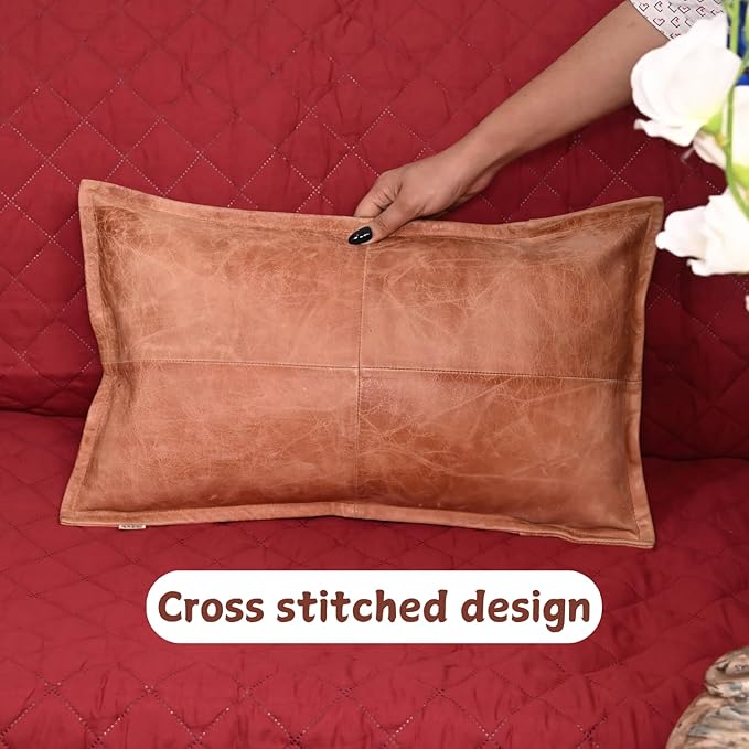 100% Lambskin Leather Pillow Cover - Sofa Cushion Case - Decorative Throw Covers for Living Room & Bedroom, 14x22 Inch - Mango Tan Crunch Box Pack of 1