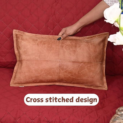 100% Lambskin Leather Pillow Cover - Sofa Cushion Case - Decorative Throw Covers for Living Room & Bedroom, 14x22 Inch - Mango Tan Crunch Box Pack of 2
