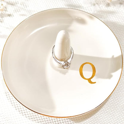 Ceramic Initials Jewelry Tray Ring Dish With Personalized Q-Monogrammed Engagement Wedding Gifts, for Birthday Mother's Day for Women, Ceramic White 4.7" x2.4"
