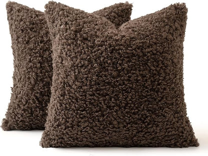 MIULEE Pack of 2 Throw Pillow Covers 16x16 Inch Chocolate Faux Fur Decorative Sherpa Pillow Covers Fuzzy Accent Soft Sheepskin Fleece Cushion Cases for Boho Home Decor Couch Living Room Bed