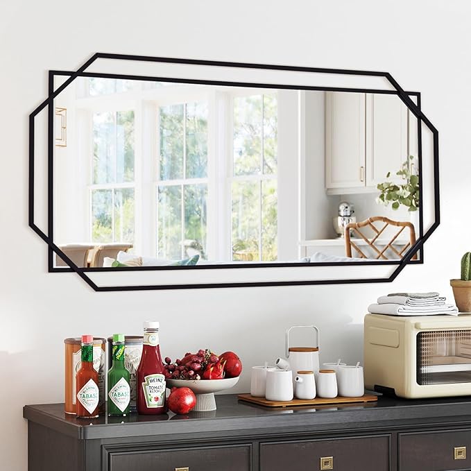 Black 60"x30.5" Full Length Wall Mirror, Large Bathroom Rectangular Mirror with Metal Modern Octagonal Frame, for Entryway,Living Room, Dining Room