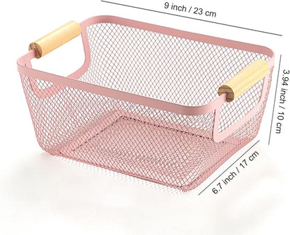 Metal Mesh Steel Basket, Small Wire Storage Organizer Baskets Multi-function Hanging Kitchen Basket with Wood Handle for Kitchen Bathroom Picnic Home, Rectangle-Pink