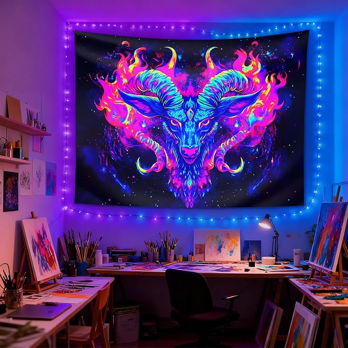 seewan Black Light Aries Tapestry, Glow-in-the-Dark UV Neon Ram Head with Galaxy Flames Tapestry, Psychedelic Constellation Wall Hanging, Bedroom Dorm Living Room Background Decor
