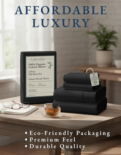 LANE LINEN 100% Organic Cotton Full Sheets Set, 4-Piece Pure Organic Cotton Percale Sheets, Long Staple Cotton Sheet, Ultra Soft Bedding Sheet, Breathable,Fits Mattress Upto 15" Deep - Black