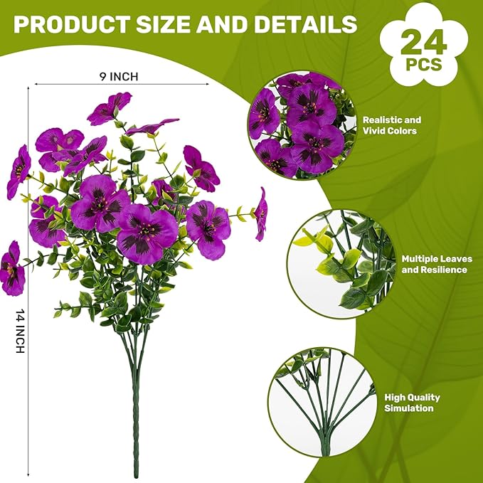 Artificial Flowers, 24 Bundles, Decorative Bouquets for Home, Wedding, Garden, Office Decor (Light Purple)