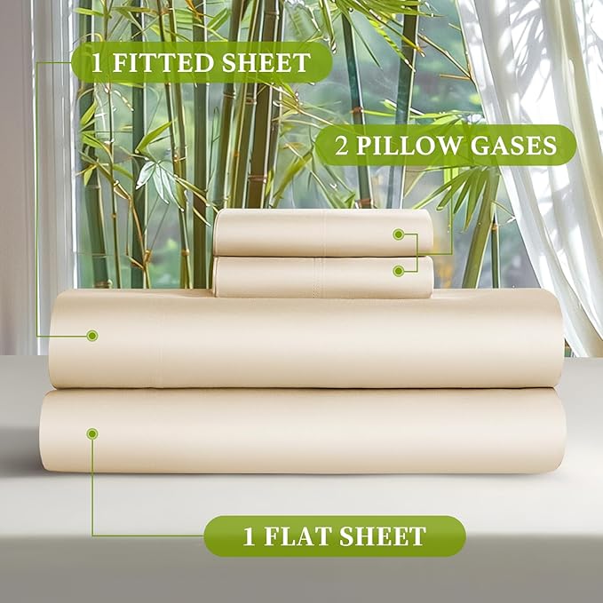 Shilucheng 100% Viscose Derived from Bamboo_ Sheets Queen Size 4pcs - Ultra Cooling & Silky Soft Bed Sheets, 16" Deep Pocket, Perfect for Hot Sleepers, Hotel Bedding Sheets (Beige)