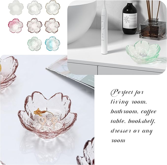 Glass Jewelry Dish, 8pcs Jewelry Tray Ring Dish, Flower Jewelry Dish for Necklace Bracelet Earring Holder, Home Decoration, Gifts for Girlfriend Daughter Mother,Mother's Day Gift (8PCS-Flower)