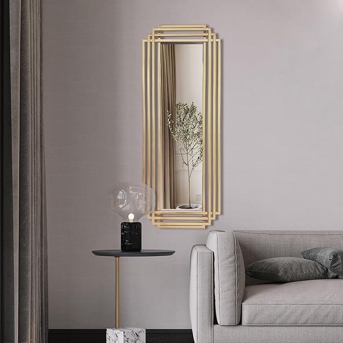 Modern Rectangle Mirror, 42"x16" Geometric Art Deco Mirror with Metal Frame, Gold Elegant Mirrors for Living Room Bedroom Bathroom Entryway Hallway, Hangs Vertically or Horizontally