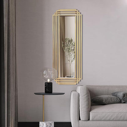Modern Rectangle Mirror, 42"x16" Geometric Art Deco Mirror with Metal Frame, Gold Elegant Mirrors for Living Room Bedroom Bathroom Entryway Hallway, Hangs Vertically or Horizontally