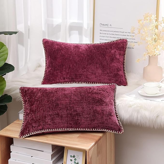 decorUhome Spring Chenille Soft Throw Pillow Covers 12x20 Set of 2, Lumbar Velvet Farmhouse Neutral Decorative Pillow Covers with Stitched Edge for Couch Sofa Bed Home Decor, Rhododendron