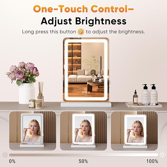 DUMOS 17“x13.2” LED Makeup Mirror with Lights for Vanity, Dimmable 3 Color Modes Makeup Mirror with Memory Function, USB Charging, Aluminum Frame, Lighted Mirror for Desk or Bedroom