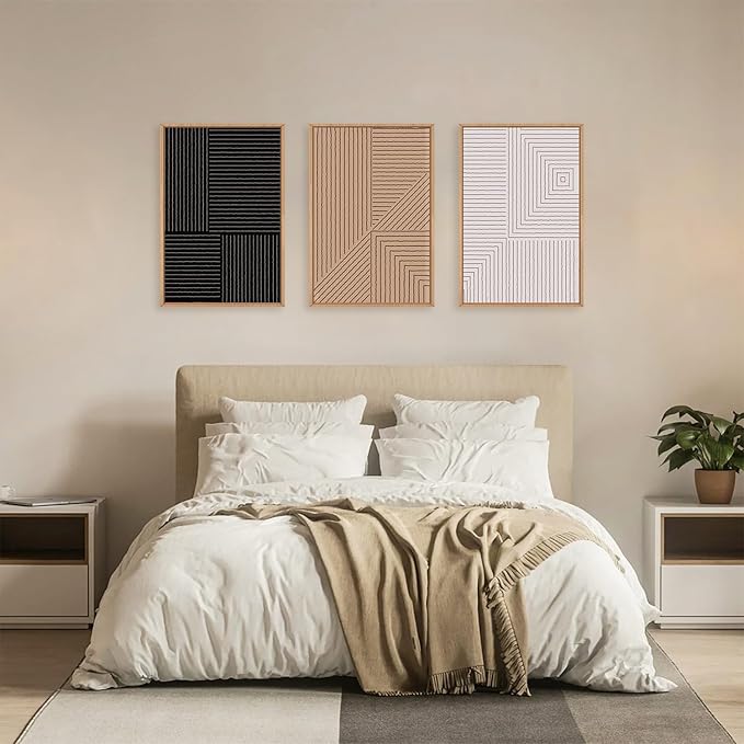 HLNIUC Large Black and White Neutral Wall Art 3 Piece, Boho Abstract Canvas Wall Decor, Minimalist Geometric Line Painting, Mid Century Modern Art Print for Living Room, Bedroom, Office 24x36 In