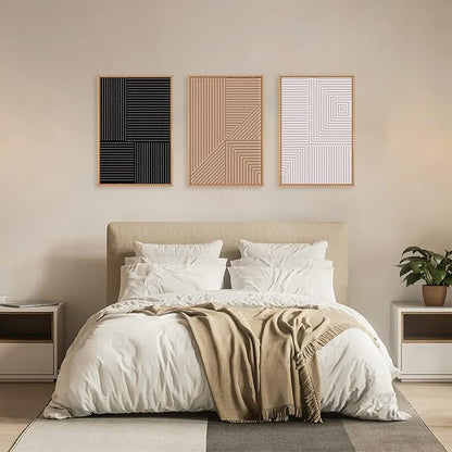 HLNIUC Large Black and White Neutral Wall Art 3 Piece, Boho Abstract Canvas Wall Decor, Minimalist Geometric Line Painting, Mid Century Modern Art Print for Living Room, Bedroom, Office 24x36 In