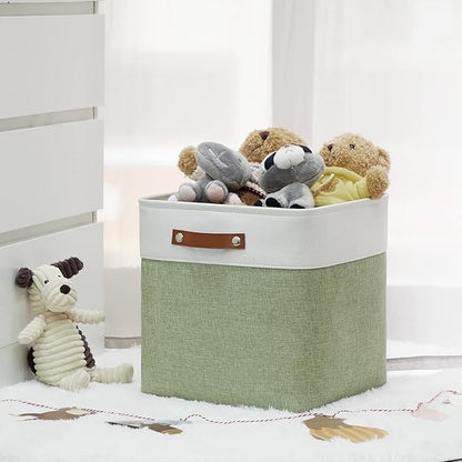 HNZIGE Foldable Storage Cubes & Baskets (3 Pack) - 13 Inch Storage Bin with Leather Handles for Toys, Clothes, Kids (White & Green)