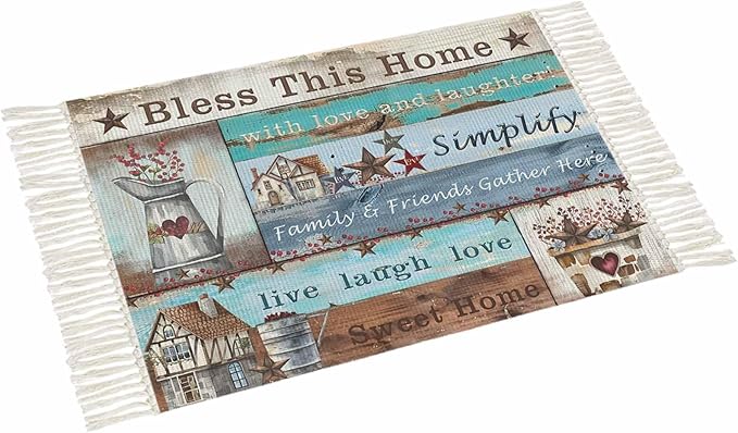 Turquoise Blue Brown Large Runner Rug 4X6 Ft Living Room Area Rug, Washable Woven Vintage Barn Rustic Cabin Throw Carpet With Tassel, Non-Shedding Country Star Farm Wooden Plank Bedroom Office Carpets