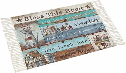 Turquoise Blue Brown Entryway Rug 2X3 Ft Bathroom Mat, Washable Woven Vintage Barn Rustic Cabin Throw Carpet with Tassel, Non-Shedding Country Star Farm Wooden Plank Indoor Outdoor Kitchen Doormats
