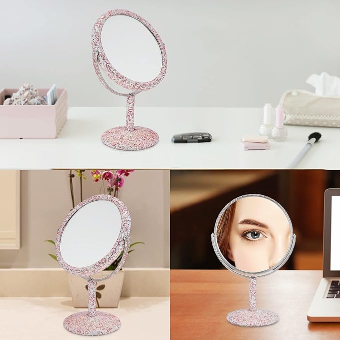 KEYPOWER Bling Rhinestone Makeup Vanity Mirror Round with Stand Double Side Cosmetic Glitter Movable Desk Bathroom Bedroom Tabletop(Pink)