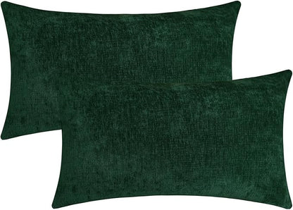 Hunter Green Chenille Decorative Couch Lumbar Throw Pillow Covers, Soft Cushion Cases for Home Livingroom Sofa Décor, Pack of 2, 12 x 20 Inches