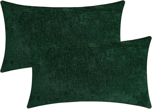 Hunter Green Chenille Decorative Couch Lumbar Throw Pillow Covers, Soft Cushion Cases for Home Livingroom Sofa Décor, Pack of 2, 12 x 20 Inches
