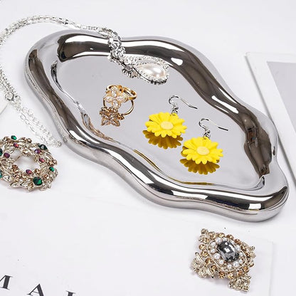 Ceramic Jewelry Tray Dish for Ring Key Trinket, Cute Cloud Shape Decorative Jewelry Plate Holder Room Decor Aesthetic Gift (Silver)