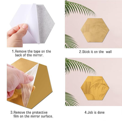 RW-103 36 Pcs Acrylic Hexagon Mirror Decals DIY Removable 3D Geometric Mirror Art Setting Wall Decor for Bedroom, Living Room, Office, Kitchen & Home (Gold)
