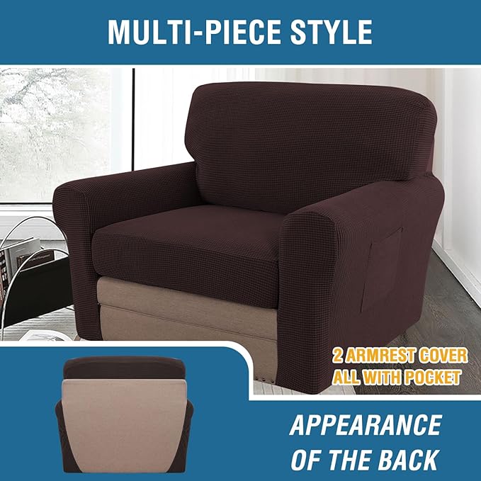 H.VERSAILTEX Multi-Pieces Chair Covers Stretch Couch Covers Form Fitted Seat and Back Cushions Protectors (1 Seat + 1 Back + 2 Armrest Covers), Chocolate