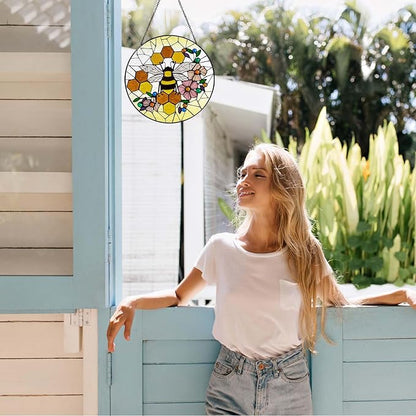 Honeycomb Sun Catcher Stained Glass Window Hanging Gifts for Women Bee Wall Decor Handmade Sun Catcher Decoration for Home Garden Housewarming Gifts