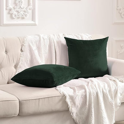 FY FIBER HOUSE Pack of 2 Velvet Throw Pillow Covers Decorative Pillowcase Soft Solid Cushion Cover, 16 x 16 Inch, Dark Green
