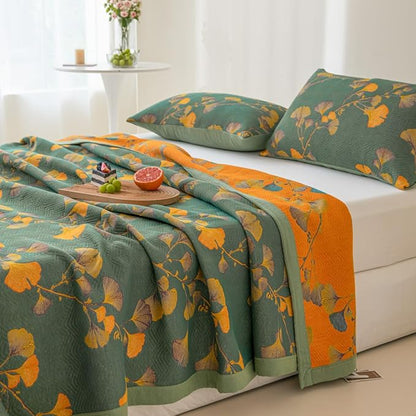 100% Cotton Jacquard Quilt Floral Ginkgo Leaves Print,Soft Muslin Bed Cover 3 Layers Reversible Bedspread Coverlet Breathable Lightweight Bedding,Full/Queen(78"x94"), No Pillow Sham